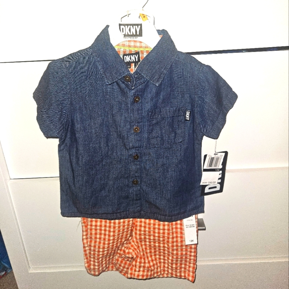 DKNY Kids Denim Shirt and Orange Checkered Shorts Set